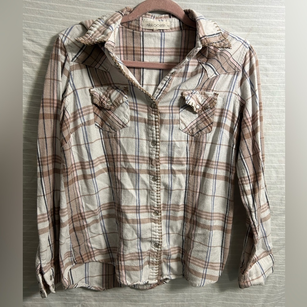 Nikki Erin Western Plaid Shirt Pearl Snaps Pink&Brown Size Small